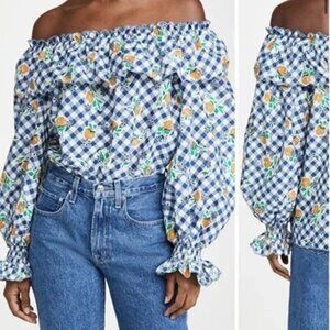 Rixo Womens Size Medium Navy Ruffled Off-Shoulder Gingham Birdie Top New